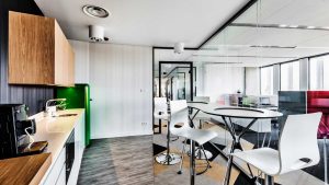 a room with a table and chairs